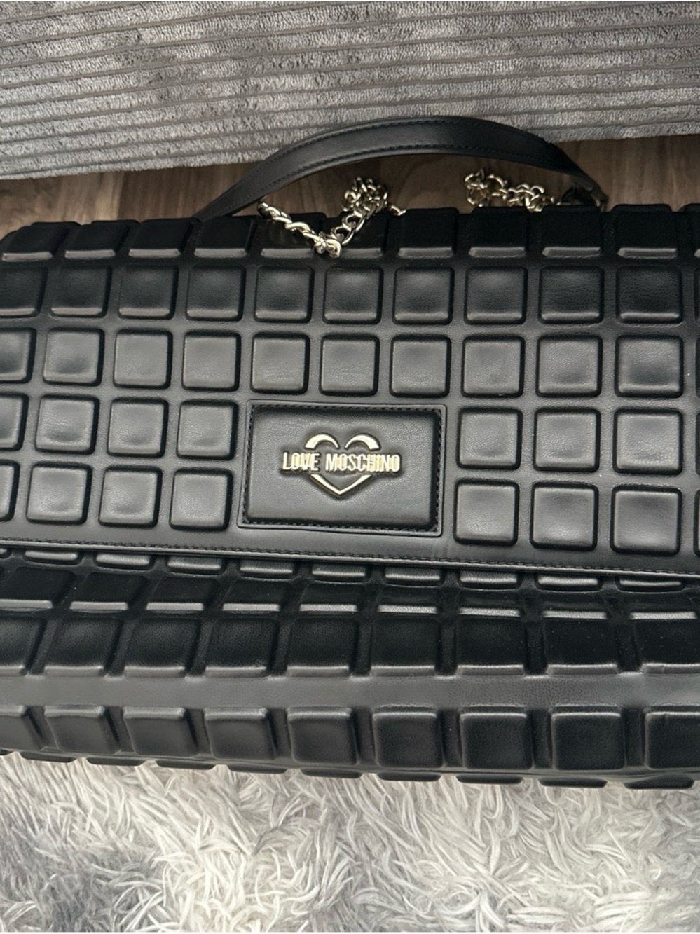 Love Moschino Black Quilted Square-Pattern Shoulder Bag with Gold Hardware